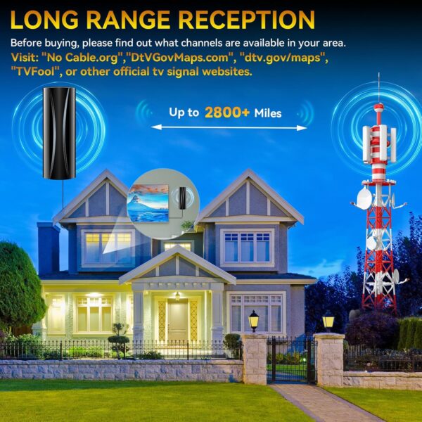 2800+ Miles Range TV Antenna,2025 Strongest Digital TV Antenna Indoor Outdoor with Amplifier Signal Booster, HD Antenna for Local Channels for Smart Tv and Old TVs-38ft Coax Cable-Support 8K 4K 1080p - Image 2