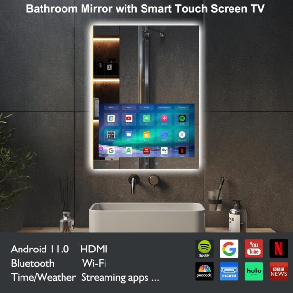 Haocrown 24x32 Inch Bathroom Vanity Mirror with 21.5” Touchscreen Smart TV, Streaming Apps, Weather,Clock, 3-Color Dimmable LED Light, Anti-Fog,Wi-Fi, Bluetooth,HDMI,Vertical Wall Mount(2025 Upgraded) - Image 2