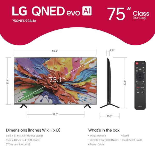 LG 75-Inch Class QNED evo AI QNED92A Series Mini LED 4K Smart TV w/Dolby Atmos, Dolby Vision, HDR10, AI Super Upscaling 4K, Filmmaker Mode, Wow Orchestra, Alexa Built-in (75QNED92AUA, 2025) - Image 2