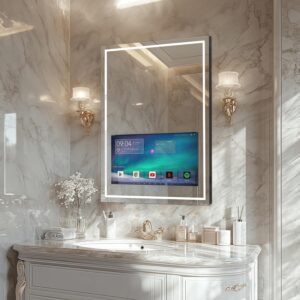 Haocrown 24×32 Inch Bathroom Vanity Mirror with 21.5″ Touch Screen Smart TV, Streaming Apps, Weather Clock Date, 3 Color Dimmable LED Light, Anti-Fog Wi-Fi Bluetooth HDMI, Vertical Wall Mounted (2025)
